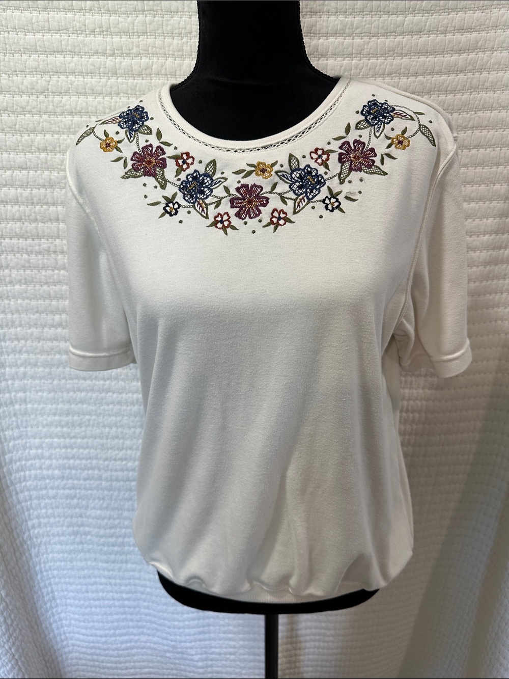 Alfred Dunner White Short-Sleeve Tee with Multicolor Floral Embroidery